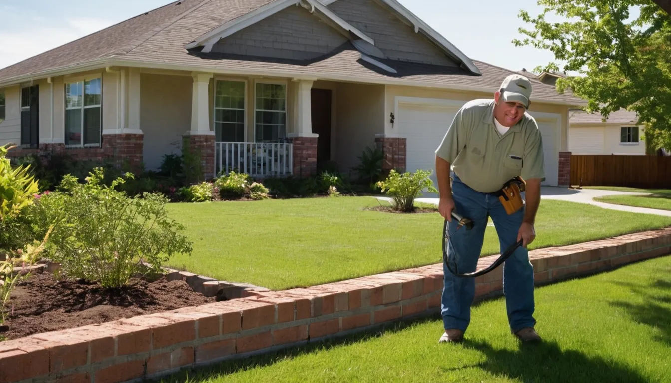A local pest control provider inspecting the exterior of a brick ranch home in Lancaster